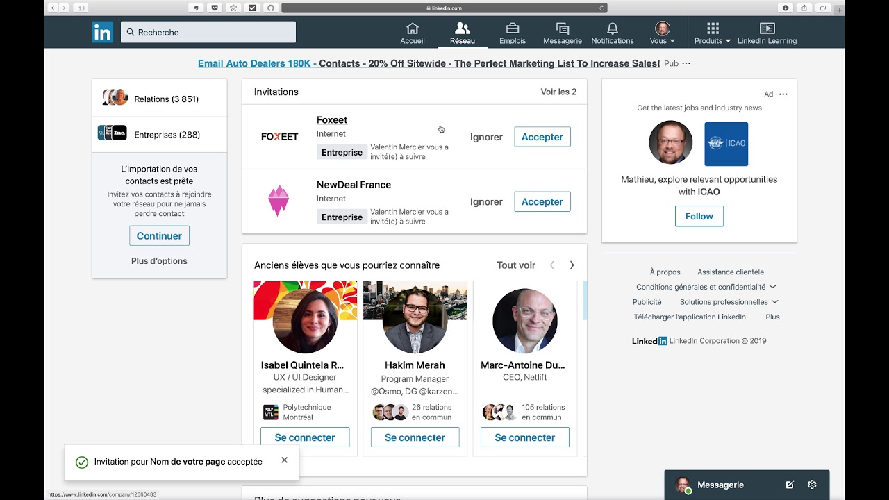 Nouveauté page LinkedIn - invitation des contacts