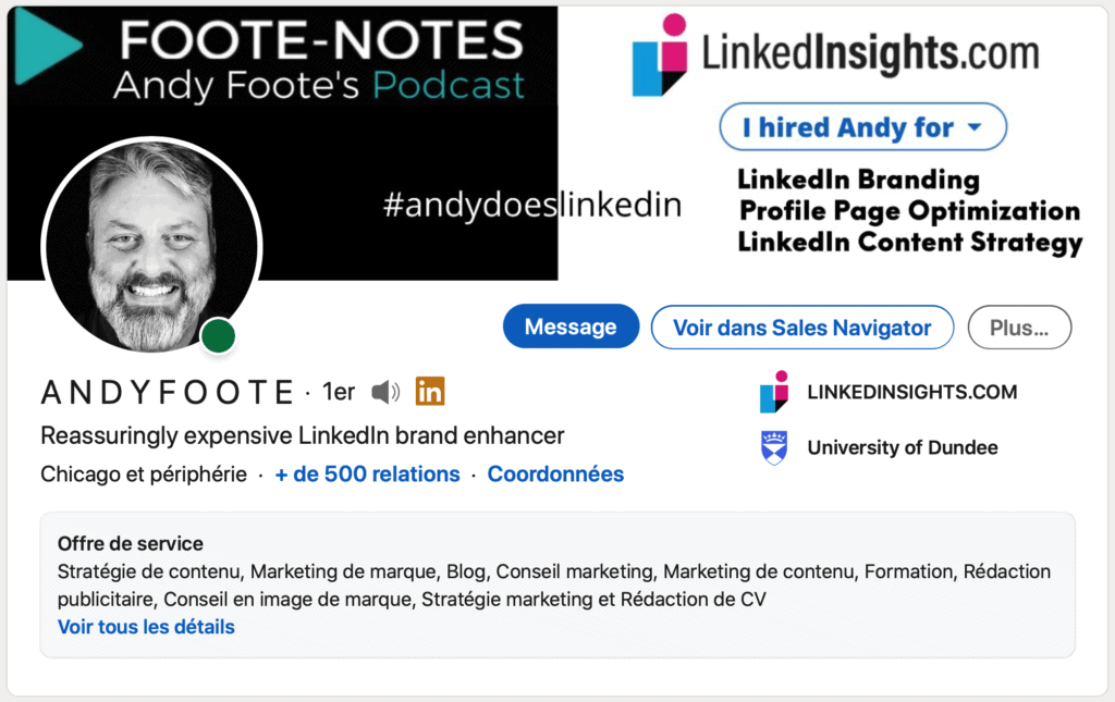 Liste LinkedIn - Carte d'introduction d'Andy Foote