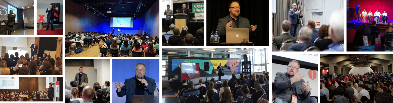 Montage de photos prises lors des conférences LinkedIn de Mathieu Laferrière dans la francophonie depuis 2007